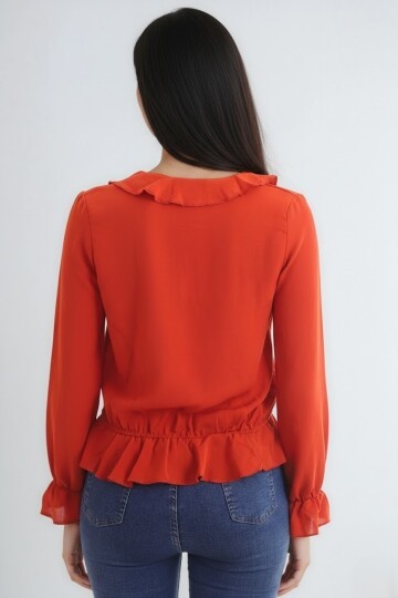 Ayrobin Kruvaze Fırfırlı Uzun Kol Bluz Kiremit