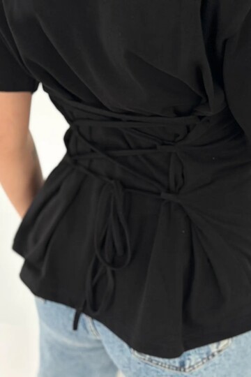 Bağlama Detaylı Kısa Kollu Tişört Siyah