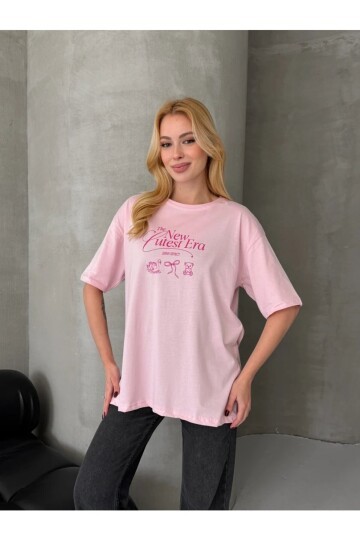 Baskılı Oversize Kadın Tişört Pembe