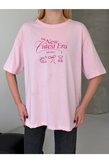Baskılı Oversize Kadın Tişört Pembe