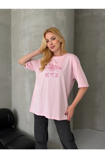 Baskılı Oversize Kadın Tişört Pembe