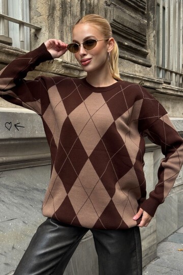 Bisiklet Yaka Baklava Desenli Triko Kazak