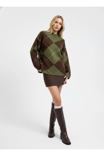 Bisiklet Yaka Baklava Desenli Triko Kazak