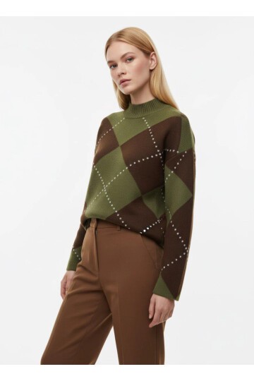 Bisiklet Yaka Baklava Desenli Triko Kazak