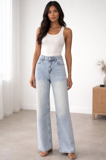 Bol Paça Yüksek Bel Açık Mavi Jean
