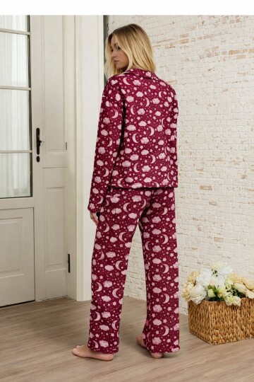 Bordo Bulut Desenli Düğmeli Kadın Pijama Takımı