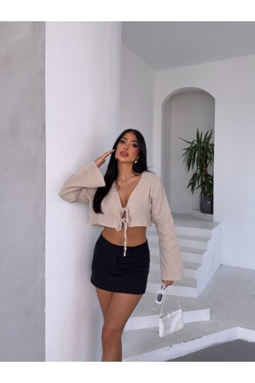 Çift Bağlama Detay Müslin Bluz Bej