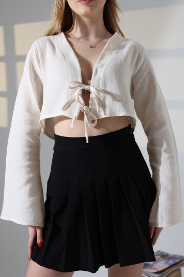 Çift Bağlama Detay Müslin Bluz Ekru