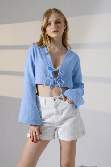 Çift Bağlama Detay Müslin Bluz Mavi