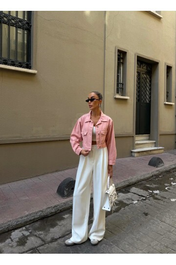 Çift Cep Denim Crop Ceket