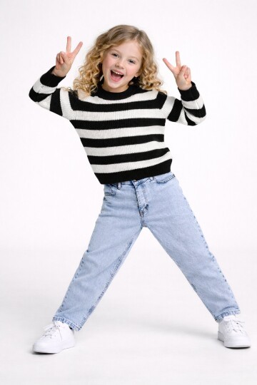 Çizgili Kazak Ve Jean Takım Siyah