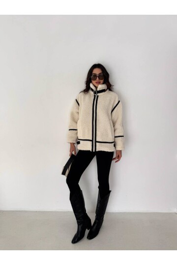 Deri Biyeli Fermuarlı Peluş Mont