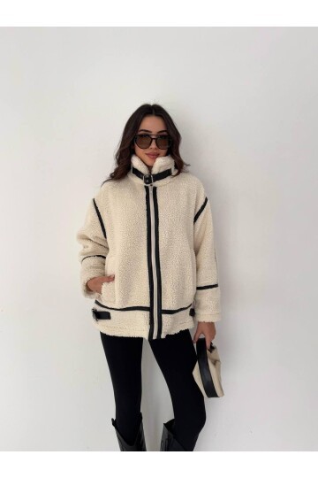 Deri Biyeli Fermuarlı Peluş Mont