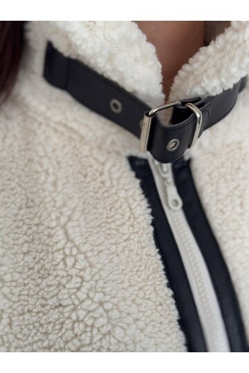 Deri Biyeli Fermuarlı Peluş Mont