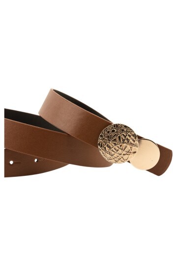 Desenli Yuvarlak Tokalı Taba Kadın Kemeri