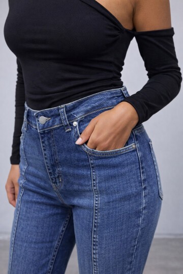 Dikişli Esnek Lacivert Jean