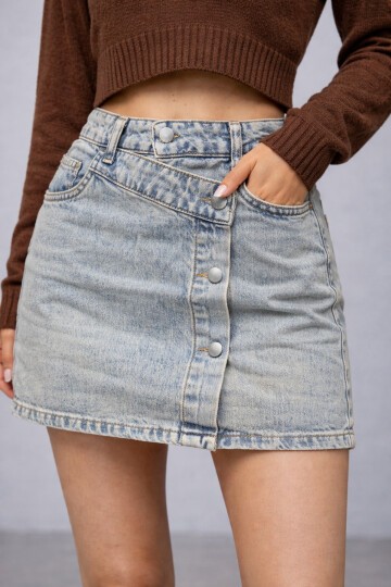 Düğme Detaylı Jean Mini Etek