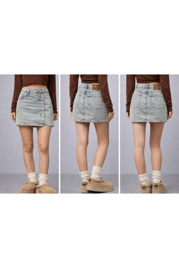 Düğme Detaylı Jean Mini Etek