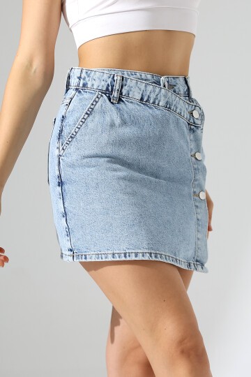 Düğme Detaylı Jean Mini Etek – Mavi