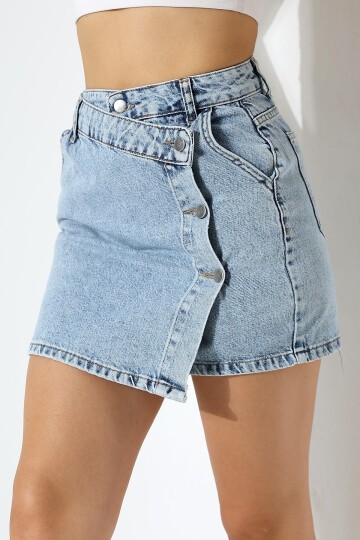 Düğme Detaylı Jean Mini Etek – Mavi