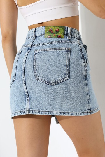 Düğme Detaylı Jean Mini Etek – Mavi