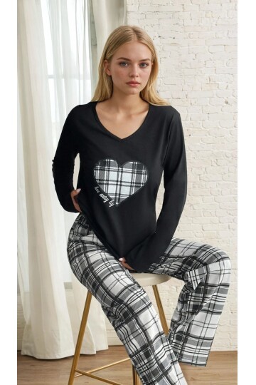 Ekose Desen Alt Kalp Baskılı Pijama Takımı