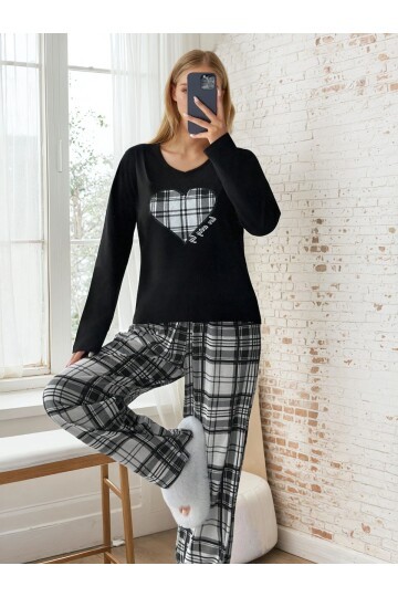 Ekose Desen Alt Kalp Baskılı Pijama Takımı