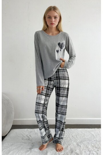 Ekose Desen Kalp Detay Uzun Kol Pijama Takımı