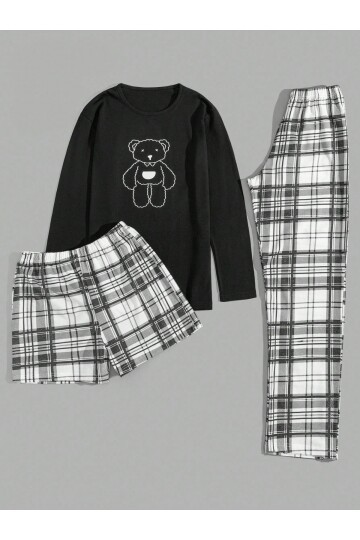 Ekose Desenli 3 Parça Erkek Pijama Seti Ayıcık Baskılı