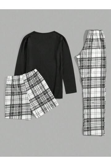 Ekose Desenli 3 Parça Erkek Pijama Seti Ayıcık Baskılı