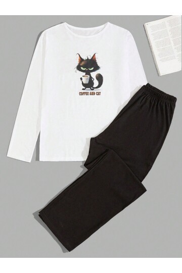 Erkek Kedi Baskılı Suprem Kumaş Pijama Takımı