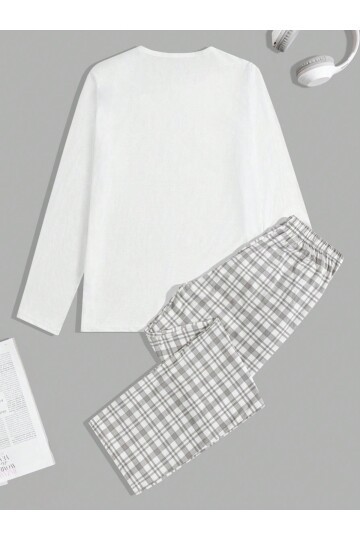 Erkek Uzun Kollu Baskılı Pijama Takımı Ekose Pantolonlu Beyaz
