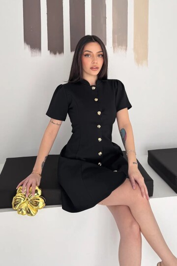 Kadın Düğme Detay Siyah Elbise