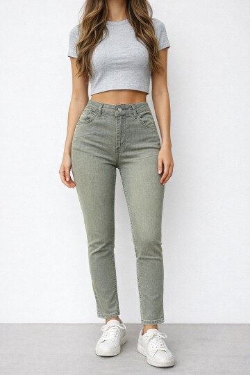 Haki Ton Eskitme Detaylı Skinny Jean