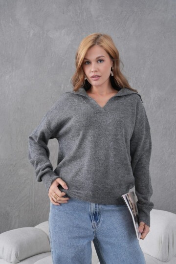 Kadın Antrasit Polo Yaka Oversize Yarım Pat Yumuşak Dokulu Triko Kazak