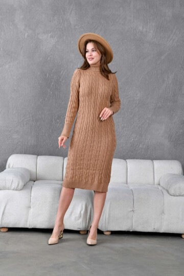 Kadın Balıkçı Yaka Örgü Detay Kışlık Triko Elbise