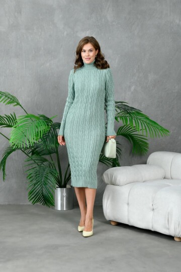 Kadın Balıkçı Yaka Örgü Detay Kışlık Triko Elbise