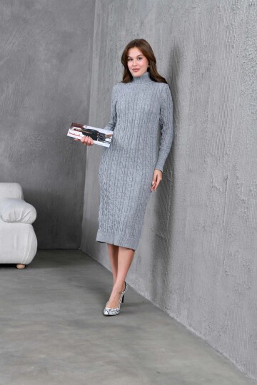 Kadın Balıkçı Yaka Örgü Detay Kışlık Triko Elbise