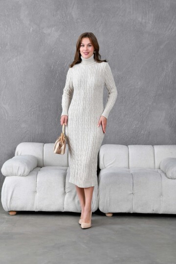 Kadın Balıkçı Yaka Örgü Detay Kışlık Triko Elbise