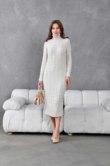 Kadın Balıkçı Yaka Örgü Detay Kışlık Triko Elbise