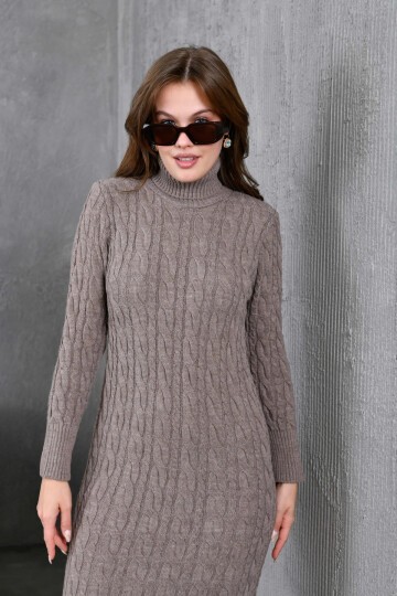 Kadın Balıkçı Yaka Örgü Detay Kışlık Triko Elbise