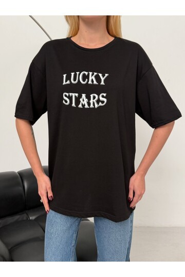 Kadın Baskılı Oversize T-Shirt Siyah