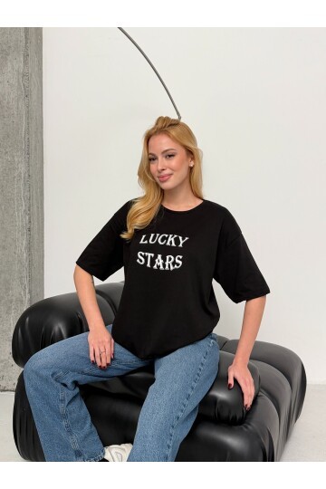 Kadın Baskılı Oversize T-Shirt Siyah