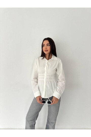 Kadın Bel Büzgülü Uzun Kollu Beyaz Gömlek