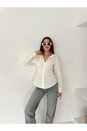 Kadın Bel Büzgülü Uzun Kollu Beyaz Gömlek