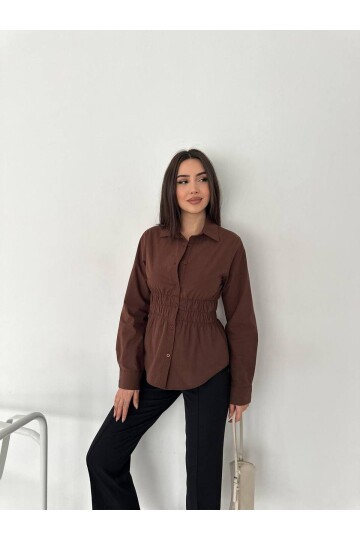 Kadın Bel Büzgülü Uzun Kollu Kahve Gömlek