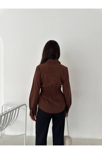 Kadın Bel Büzgülü Uzun Kollu Kahve Gömlek