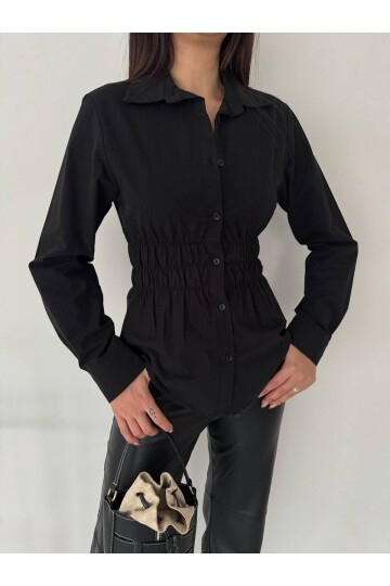 Kadın Bel Büzgülü Uzun Kollu Siyah Gömlek