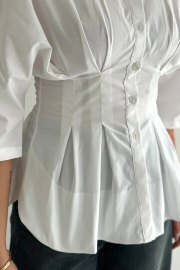 Kadın Bel Formlu Gömlek – Düğmeli Yarım Kol Şık Gömlek Beyaz