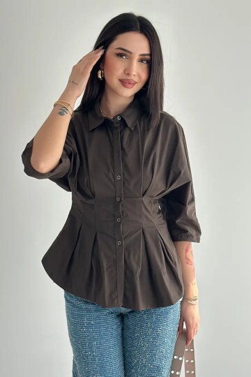 Kadın Bel Formlu Gömlek – Düğmeli Yarım Kol Şık Gömlek Kahverengi